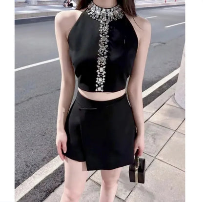 French Luxury Diamonds Beading Crop Irregular Skirt