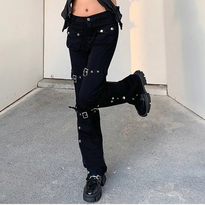 Hippie Cool Straight Punk Trendy Metal Buckle Side Split Black Belted Pants