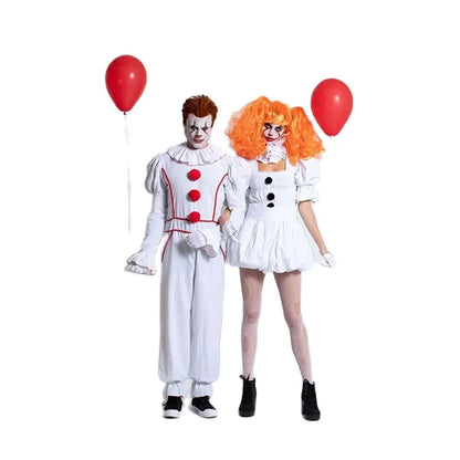 Horror Movie Clown Cosplay White Pompon Dress Suit Halloween Couple Costume