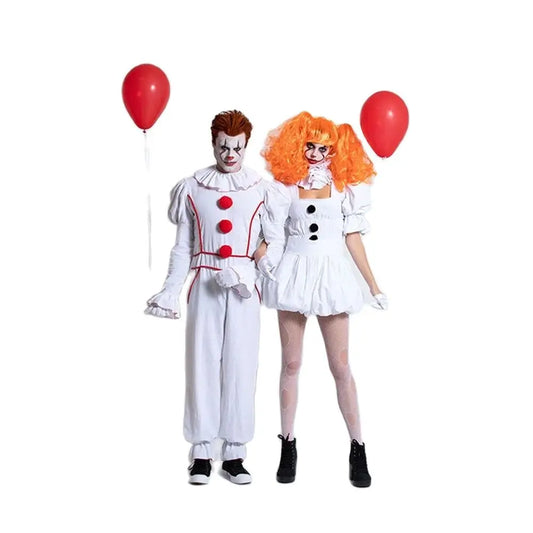 Horror Movie Clown Cosplay White Pompon Dress Suit Halloween Couple Costume