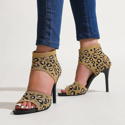 Hot Designer Knitted High Heel Open Toe Sexy Leopard Print High Heel