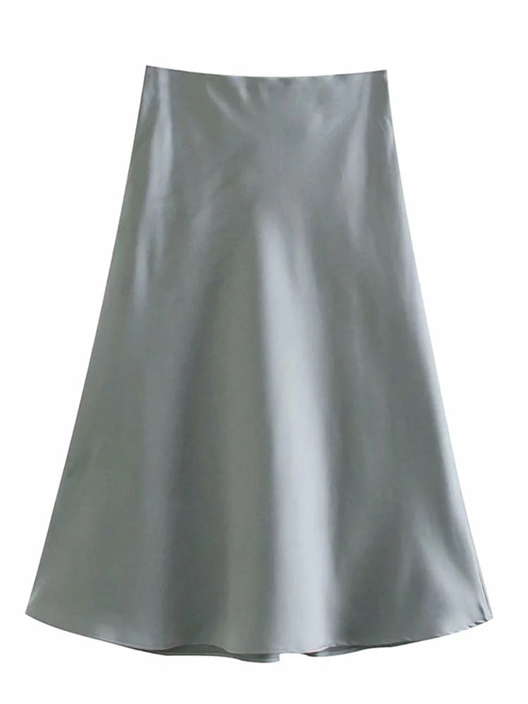 Solid Satin Elastic Waist Summer Slim A-Line Skirt