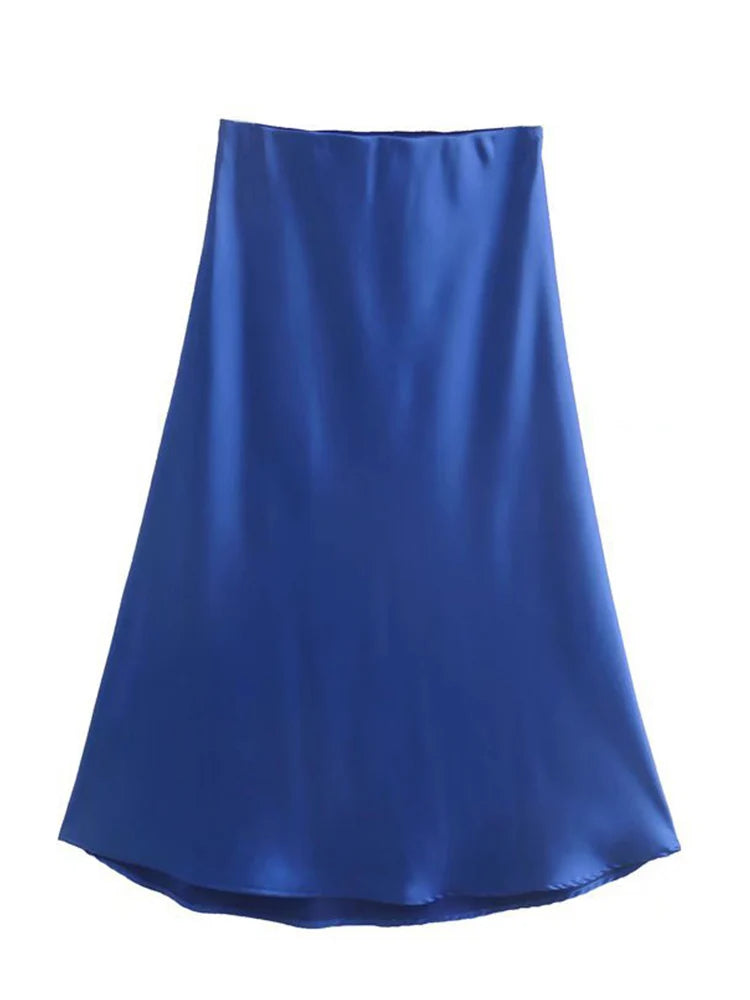 Solid Satin Elastic Waist Summer Slim A-Line Skirt