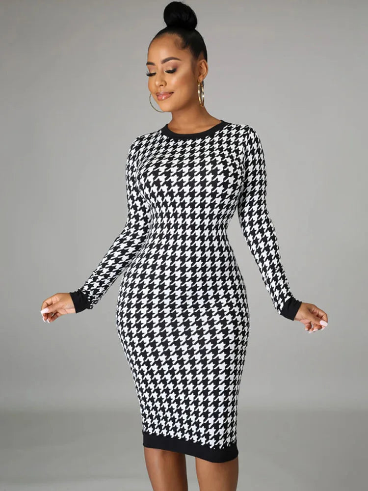 Houndstooth Long Sleeve Hollow Out Bodycon Sexy Autumn Winter Club Elegant Slim Midi Dresses