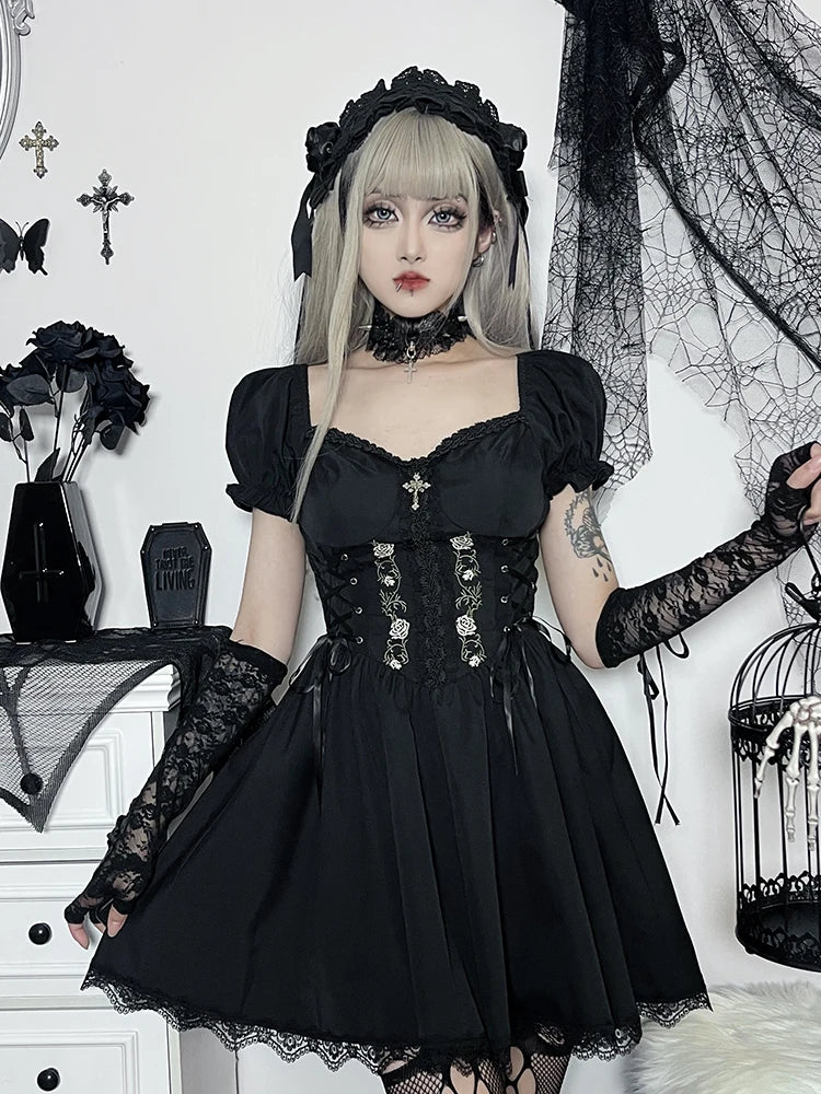 A-Line Pleated Hem Swing Harajuku Summer Lolita Lace Trim Y2K Retro Grunge Streetwear Dress