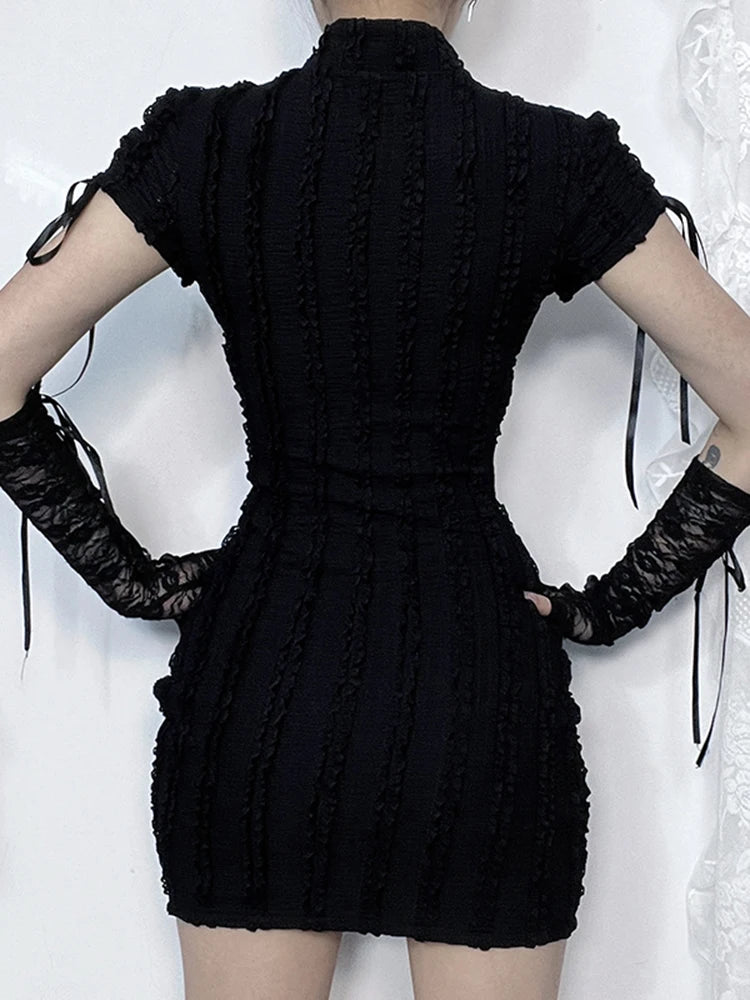 Gothic Hollow Out Vertical Collar Short Sleeve Vertical Texture Knitted Hip Dress