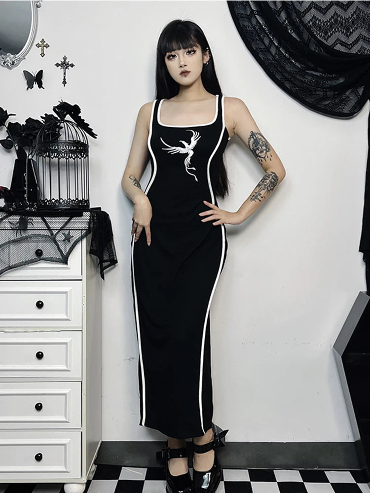 Gothic Square Neck Tank Sexy Sleeveless High Waist White Embroidery Bodycon Dress