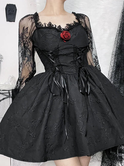 Grunge Party High Waist Gothic Dark Sexy A-Line Jacquard Lace Sleeve Lolita Vintage Harajuku Dress