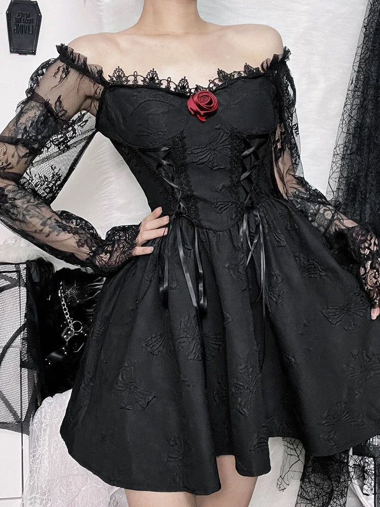 Grunge Party High Waist Gothic Dark Sexy A-Line Jacquard Lace Sleeve Lolita Vintage Harajuku Dress