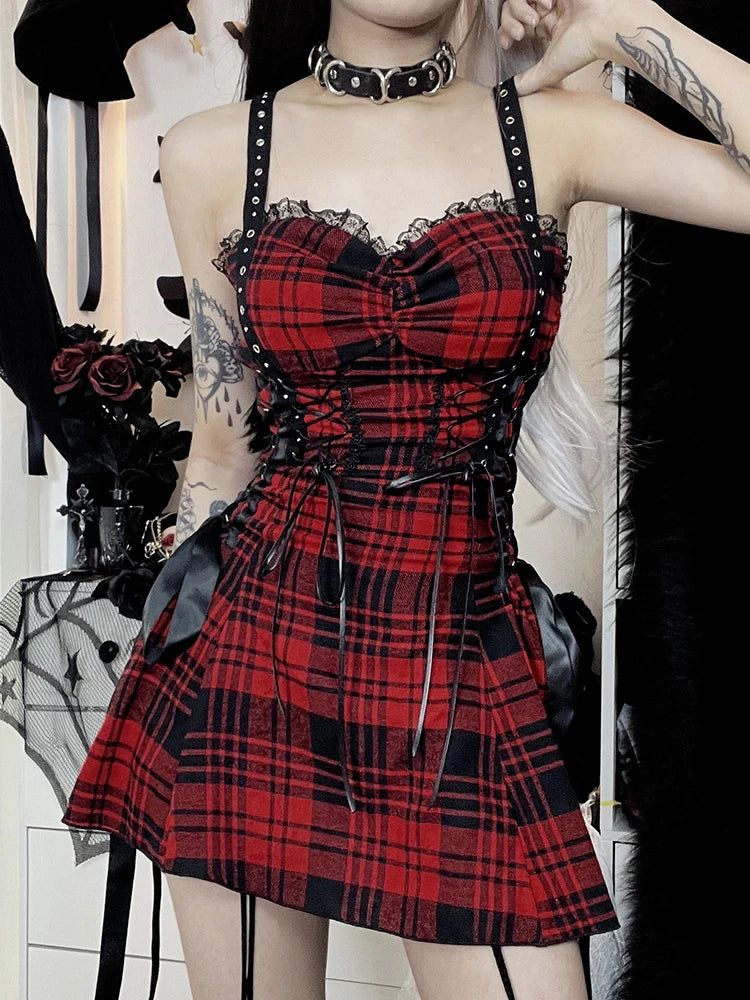 Red Plaid Street Goth Fairy Grunge Y2K Pleated Lace-Up Tube Lolita Eyelet Corset Mini Dress