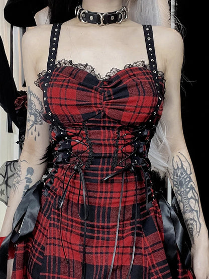 Red Plaid Street Goth Fairy Grunge Y2K Pleated Lace-Up Tube Lolita Eyelet Corset Mini Dress