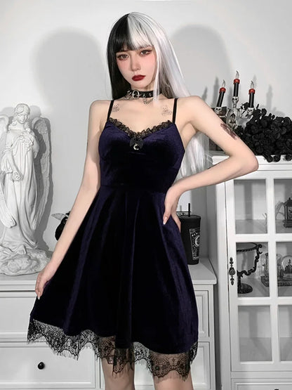 Velvet Spaghetti Strap Backless Moon Pendant Colorful Lace Trim A-Line Waist-in Sleeveless Corset Dress