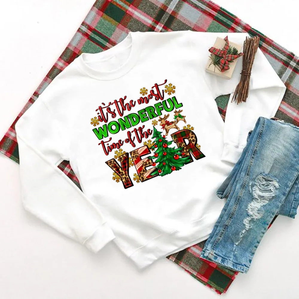 Christmas Hoodie - Wonderful Time Printed Party Holiday Sweater Xmas Outfit