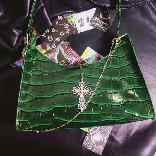 Punk Gothic Y2k High Street Cross Chains Crocodile Pattern Green Underarm Bag