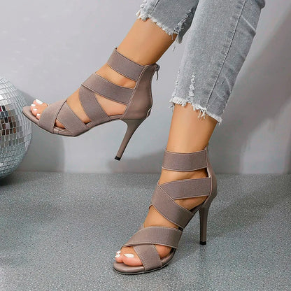 Versatile Khaki Beige Thin High Heel Sexy Elastic Band Gladiator High Heel