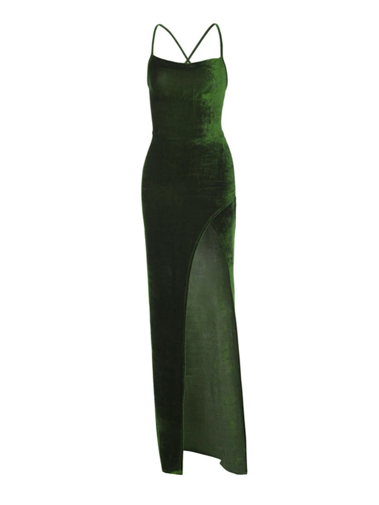 Green Velvet Lace-Up Maxi Dress - Backless Bodycon Christmas Party Dress