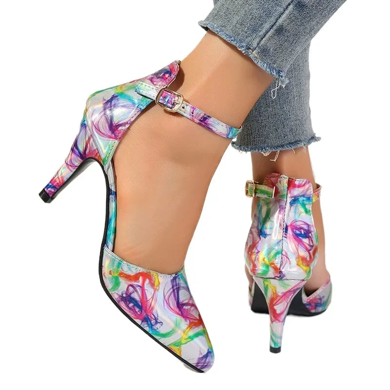 Fashion Ankle Strap Spring Pointed Toe Mixed Colors Buckle Dress High Heel