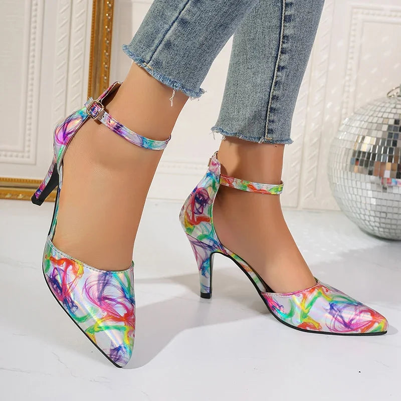 Fashion Ankle Strap Spring Pointed Toe Mixed Colors Buckle Dress High Heel