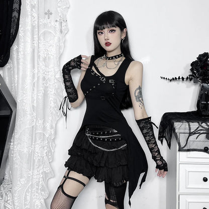 Y2K Goth Black Eyelet Irregular Sleeveless Slim Vintage Summer Crop Top