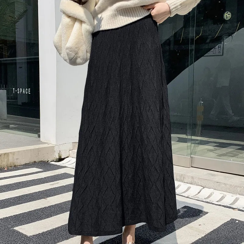 Knitted Drooping Long A-line High Waisted Slim Woolen Skirt