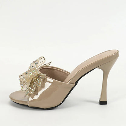 Elegant  2024 Patent Leather Women Crystal Mesh Bowknot High Heel