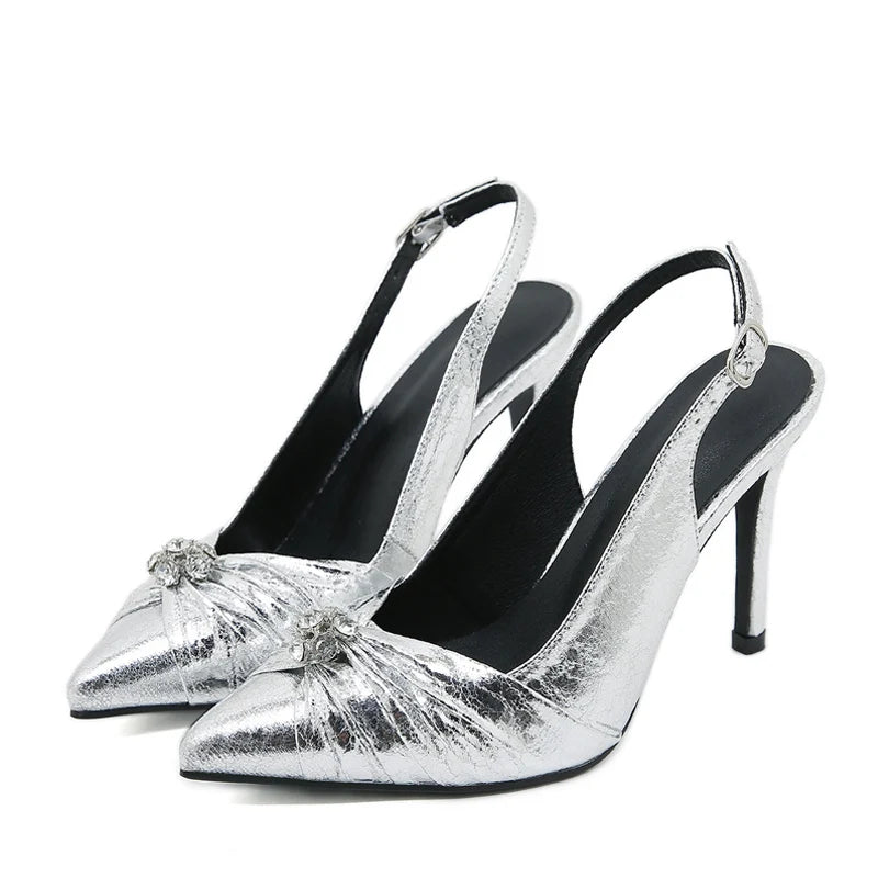 Trendy  Spring Pleated Pointed Toe Silver High Heel High Heel