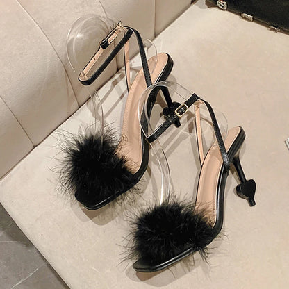 Trendy  Big Size Ankle Strap Strange High Heel Fluffy Feather High Heel