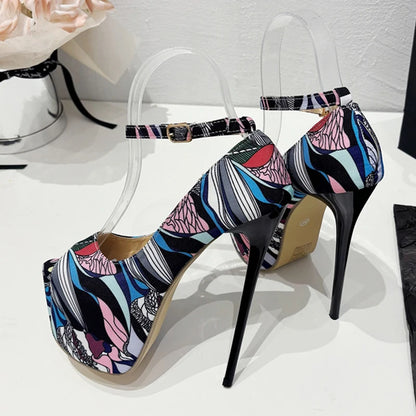 Trendy  Hand-Painted Leather Platform Peep Toe Strip High Heel