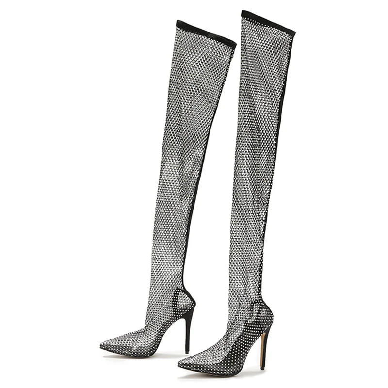 Fashionable  Rhinestone Fishnet Mesh Over-The-Knee Pointed Toe High Heel