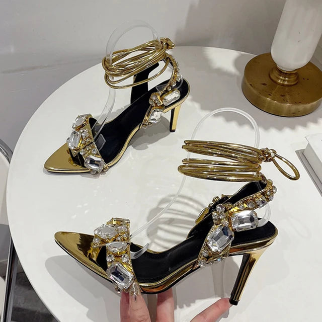 Sexy Ankle Strap Golded High Quality Crystal Diamond Wedding High Heel