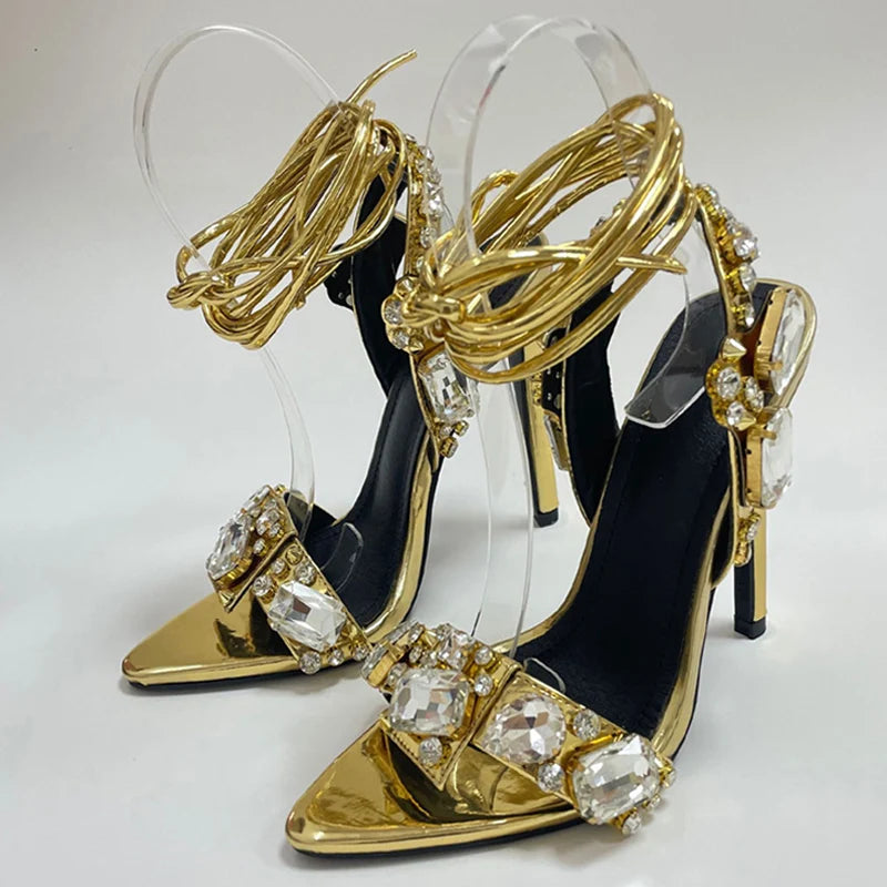 Sexy Ankle Strap Golded High Quality Crystal Diamond Wedding High Heel