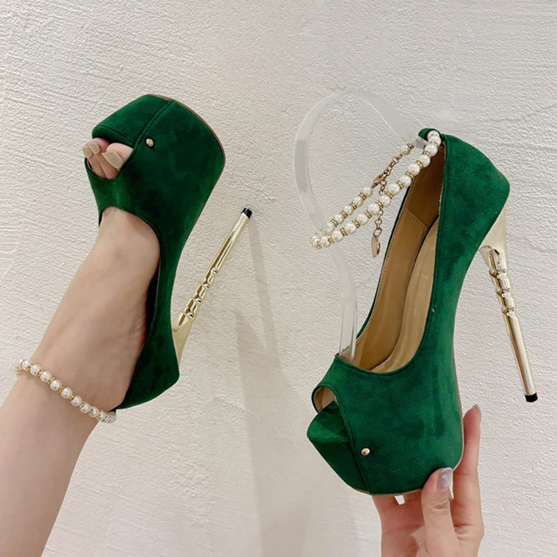 Peep Toe Wedding Banquet Green High Heel Ankle Strap Platform High Heel