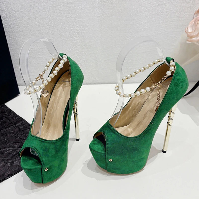 Peep Toe Wedding Banquet Green High Heel Ankle Strap Platform High Heel