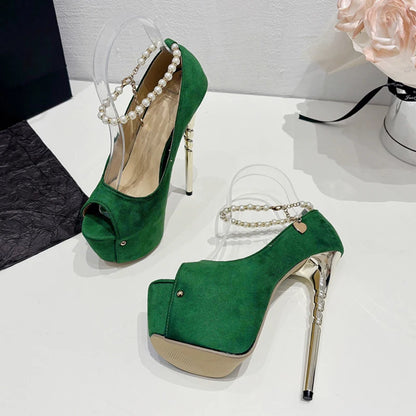 Peep Toe Wedding Banquet Green High Heel Ankle Strap Platform High Heel