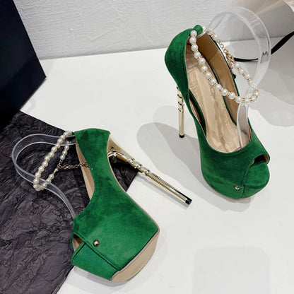 Peep Toe Wedding Banquet Green High Heel Ankle Strap Platform High Heel