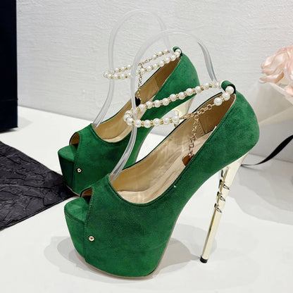 Peep Toe Wedding Banquet Green High Heel Ankle Strap Platform High Heel