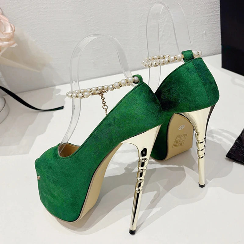 Peep Toe Wedding Banquet Green High Heel Ankle Strap Platform High Heel