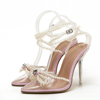 Sexy White String Bead Transparent Butterfly-Knot Pointed Toe High Heel