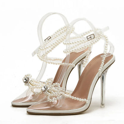 Sexy White String Bead Transparent Butterfly-Knot Pointed Toe High Heel