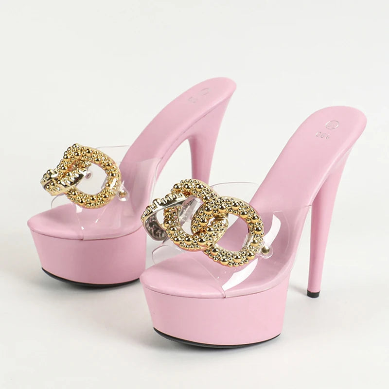 Size 34-43 Sexy Pink High Heel Big Metal Chain Transparent High Heel