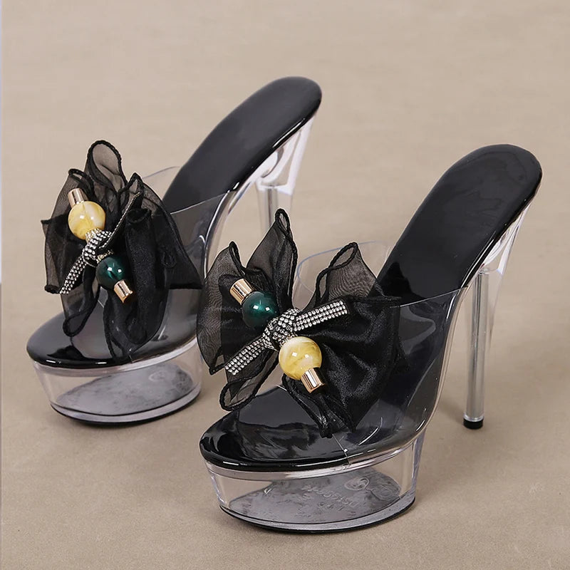 Size 35-43 Transparent Platform Slipper Mesh Bowknot High Heel