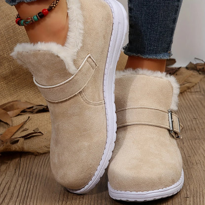 Plush Lined Flat Winter Warm Buckle Strap Slip-on Snow Boot