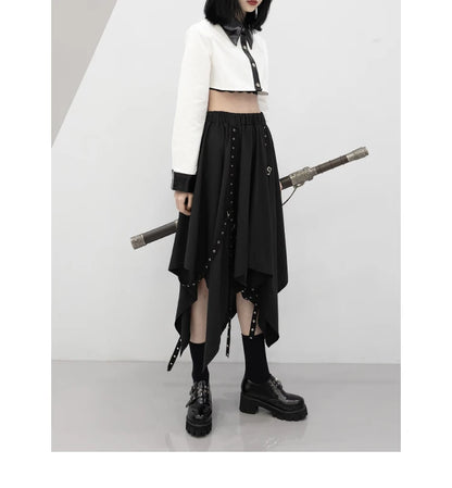 Long Irregular Dark Tie Street Wind Weave Buckle Y2k Skirt