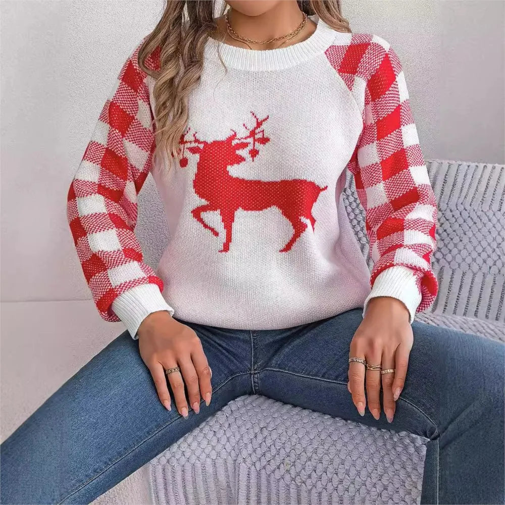 Knitted Plaid Christmas Sweater with Round Neck and Long Sleeves for Autumn/Winter