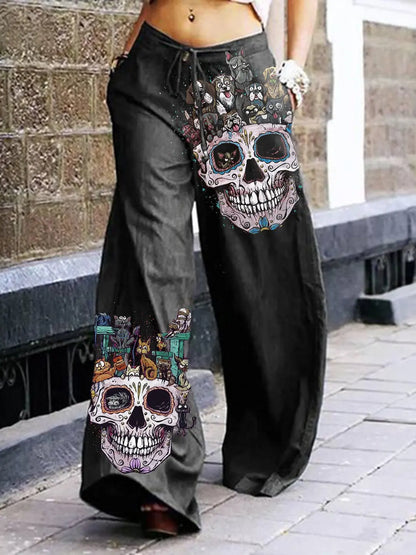 Skull Print Cargo Pants Dark Rock Style Summer Pants