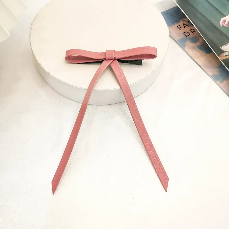 PU Leather Bow Long Ribbon Duckbill Clip Christmas Hair Accessory