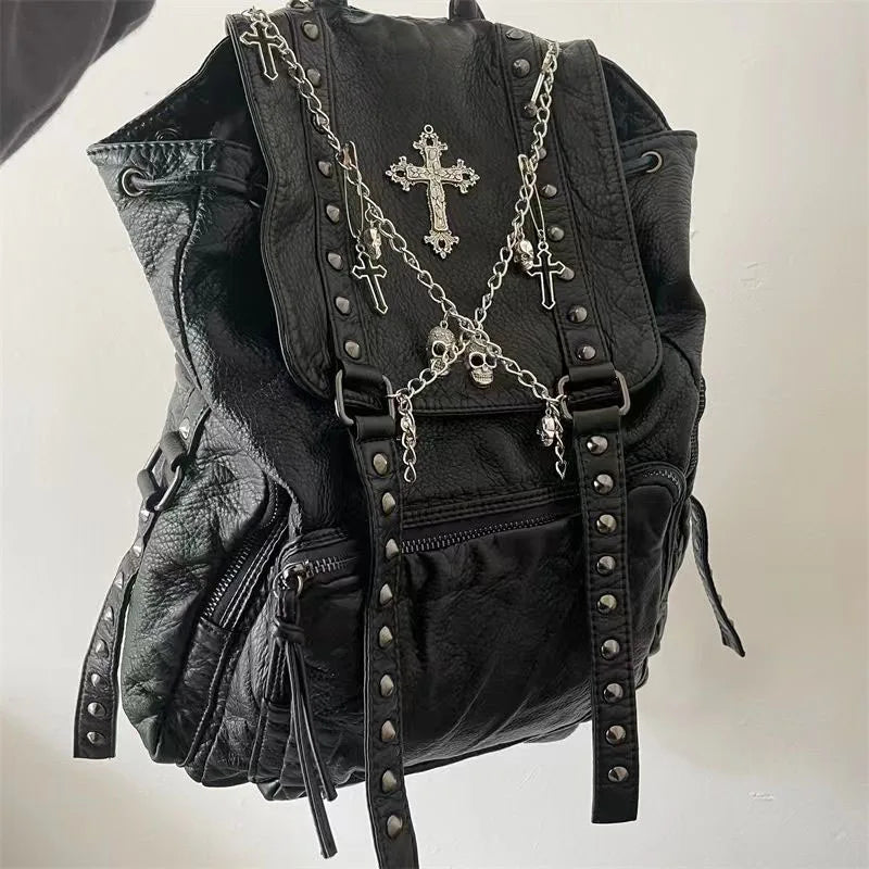 Goth Y2k Black Punk Rivet Chain Skeleton Fashion Women Backpack Bag