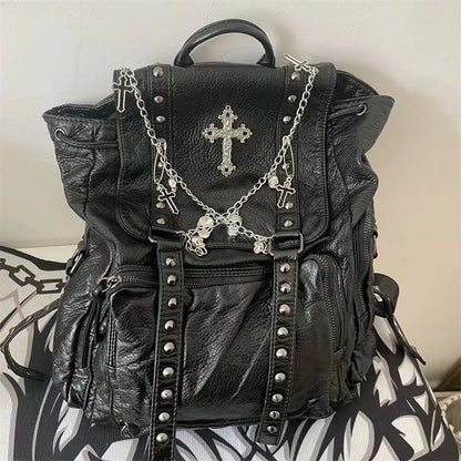 Goth Y2k Black Punk Rivet Chain Skeleton Fashion Women Backpack Bag