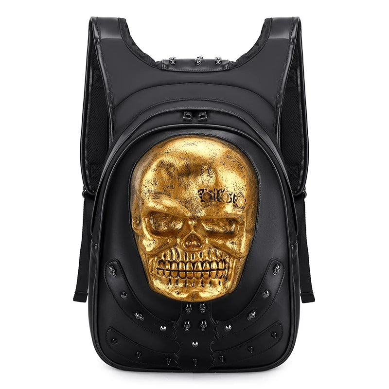 3D Embossed Skull Punk Rock Gothic Leather Rivets Laptop Travel Backpack Bag