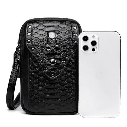 Motorcycle Skull Snake Pattern Ladies Punk Outdoor Travel Lipstick Mobile Phone Shoulder Bag